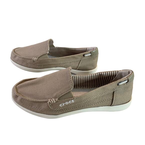 Crocs Women;s Size 6 Boat Shoes Canvas Slip on Loafers Biege Non-Marking Soles - Picture 7 of 10